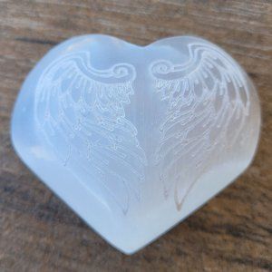 Polished White Selenite Puffy Heart With Angel Wings Engraving